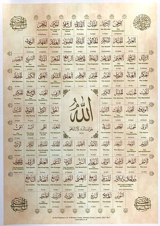 99 names of ALLAH with translation & transliteration in English Poster